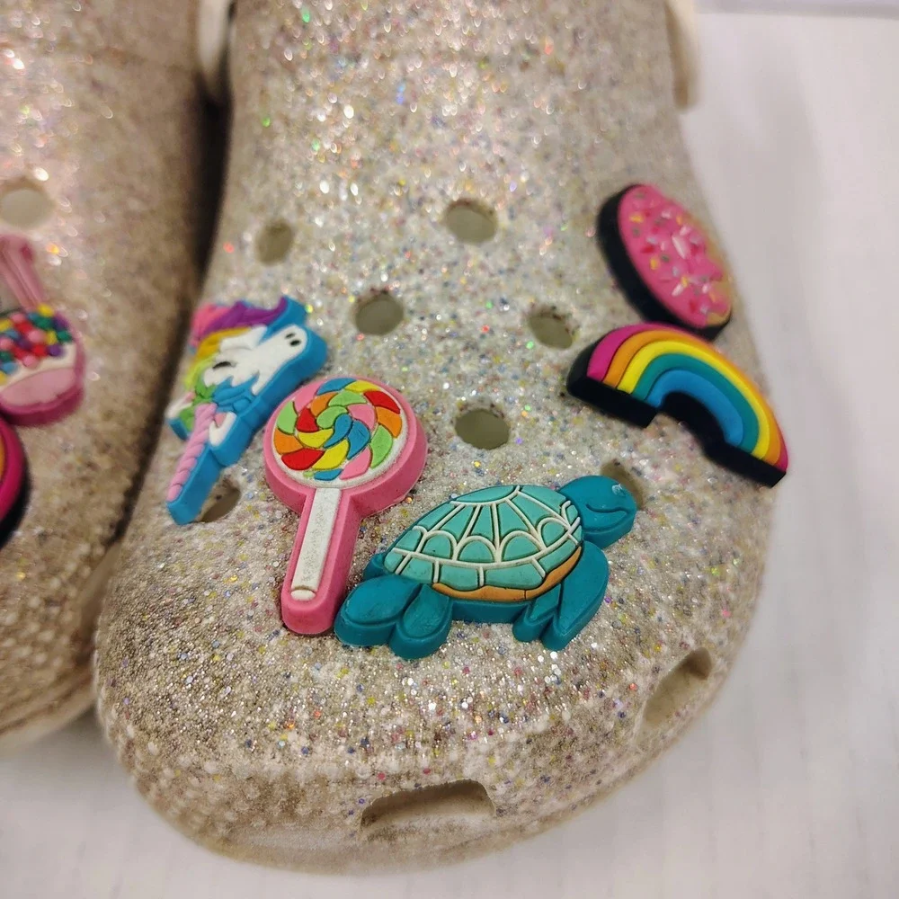 Crocs Classic Glitter Clog Silver Multi Sparkle Shoes with Jibbitz Charms C13